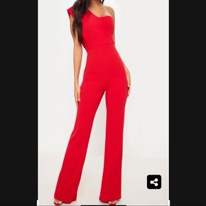 Pretty Little Thing Red One Shoulder Jumpsuit Size 0
